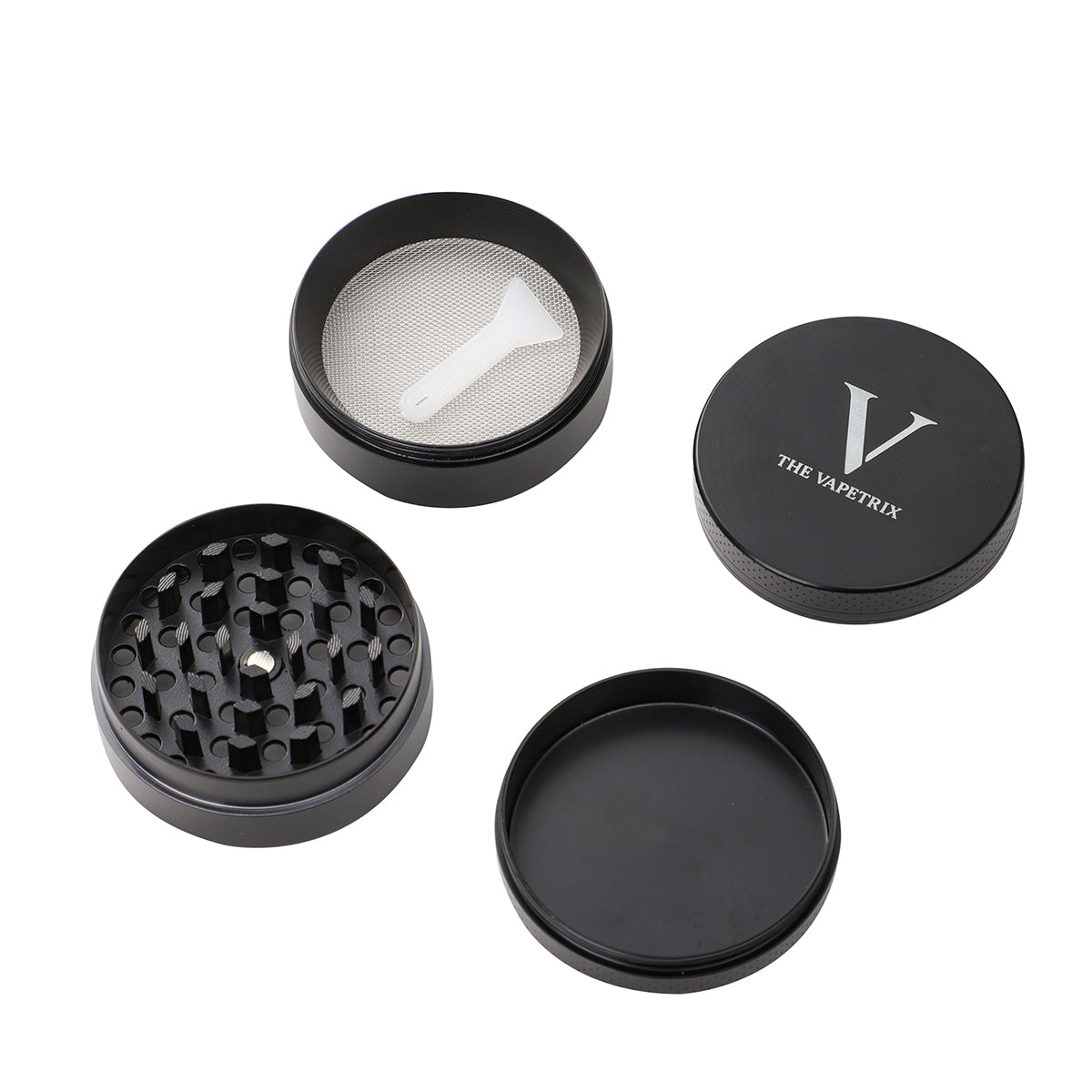Les 4 pièces du grinder Vapetrix : couvercle, chambre de broyage, chambre à tamis avec grattoir, bac de récupération